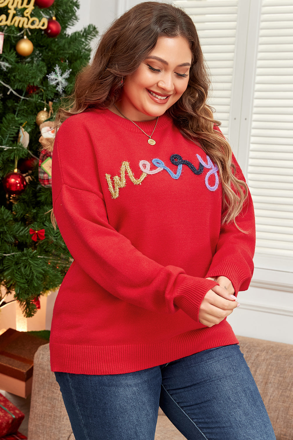 Fiery Red Tinsel Pattern Drop Shoulder Plus Size Sweater Dear-Lover Dropshipping